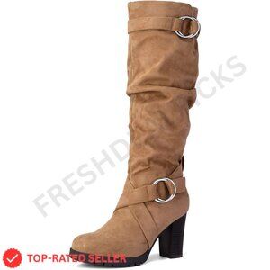 Brand New Mysoft Boots 6.5 Tan Knee High Chunky Heel